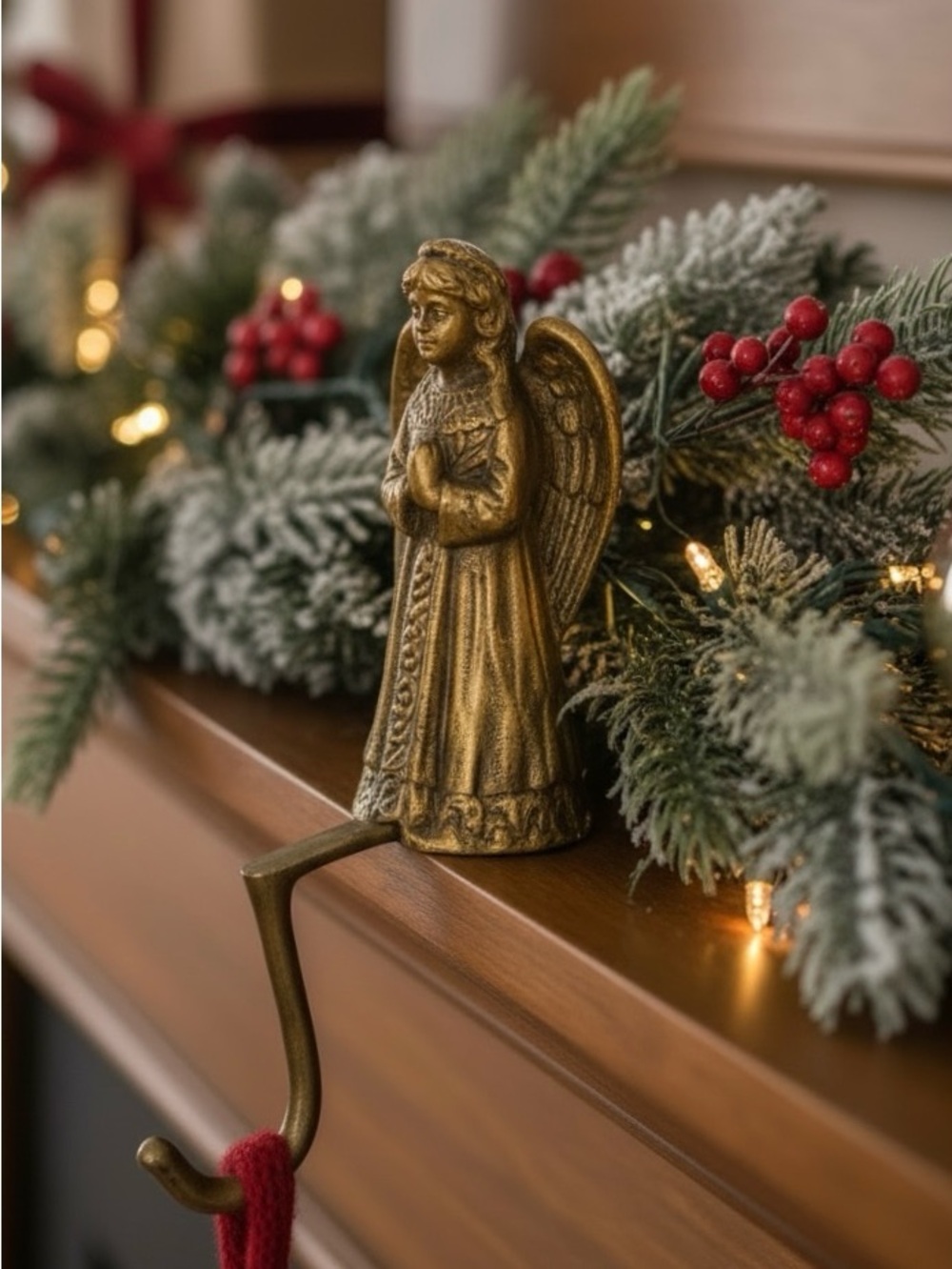 Vintage Bombay Co Solid Brass Angel Christmas Stocking Holder Mantle Hook